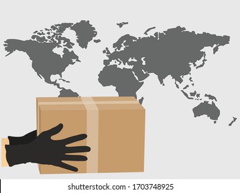 Safe delivery of goods for the prevention of coronavirus Covid-19 around the world. Courier holds a cardboard box in medical rubber gloves on a background of a world map. Vector illustration