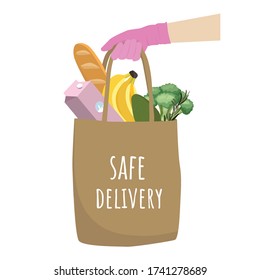 Safe delivery. Hand with pink medical glove holding package of fresh food. Safe shopping. coronavirus quarantine. Vector illustration.