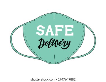 "Safe delivery" handwritten text on light green disposable mask with white background in doodle art style. Vector illustration for company logo or business cards