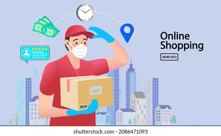 Safe delivery to home courier with products box. People wear masks. coronavirus covid 19 outbreak. Sickness prevention. E-commerce. quick shipping a parcel around city by staff. Vector flat cartoon.