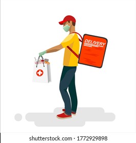 Safe delivery at home during coronavirus epidemic: delivery man holding parcel with medicines in a medical mask and gloves. Delivery home and office. Vector.