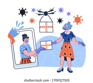 Safe delivery from internet store on drones in epidemic of coronavirus banner with people characters in  masks and gloves getting  mailbox. Quarantine in Covid infection. Cartoon vector illustration.