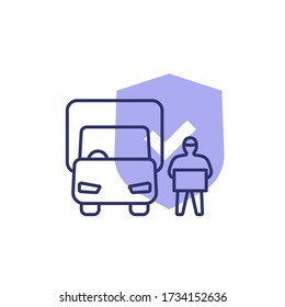 safe delivery line icon, van and worker with box and shield