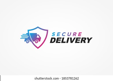 Safe Delivery Logo. Blue and Purple Shield Icon with Fast Shipping Truck Combination isolated on White Background. Flat Vector Logo Design Template Element.