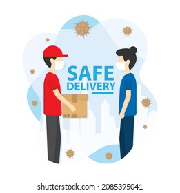 Safe Delivery. Delivery man wears mask and pass box to customer. Covid-19 concept. Shopping new normal. Shopping online concept. Transportations concept. Logistic business. Abstract background.