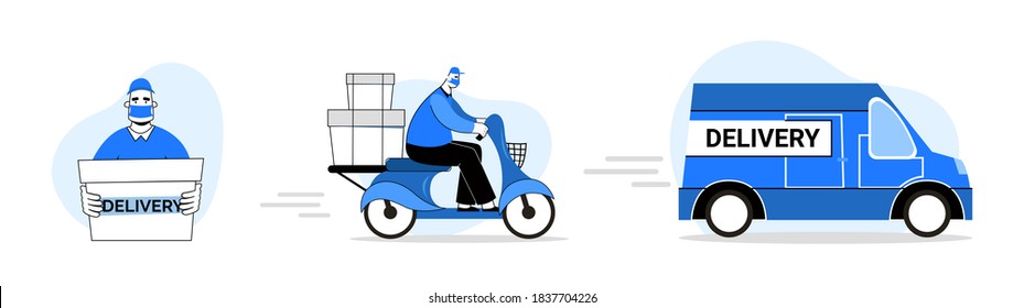 Safe delivery. Masked Courier On A Motorcycle. Food Delivery Man. Car in flat style. Vector stock illustration. Pictures in shades of blue.