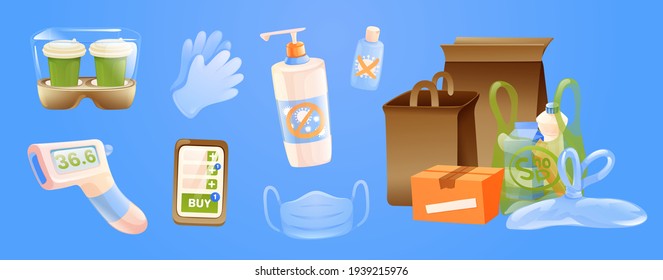 Safe delivery objects. Safety stuffs - mask, gloves, antiseptic. Vector illustration in cartoon style