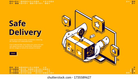 Sichere Online-Lieferung Dienst isometrische Landing-Seite. Menschen geben Pakettaschen mit Waren vom Computer-Desktop. Internet-Shopping, Bestellversand, Einzelhandel, 3D-Vektorgrafik-Webbanner