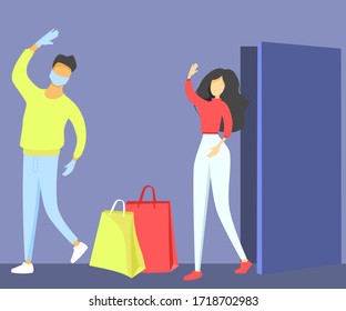 Safe delivery from an online store. Vector flat illustration. A young courier delivers purchases to his house in a medical mask and gloves. Happy woman meets the courier and takes the purchases. Conta