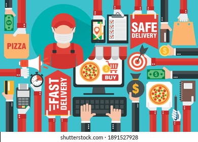 Safe delivery package by deliveryman. Online delivery service. Internet e-commerce. Online shopping pizza on computer or website. Concept flat design. Vector illustration