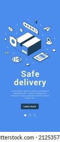 Safe delivery at pandemic mobile app vector illustration. Cardboard box with order protective shipment service, contactless shipping viral disease outbreak prevention. Modern logistic distribution