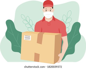 Safe delivery of parcels. A man in uniform with a mask on his face. Vector flat illustration.
