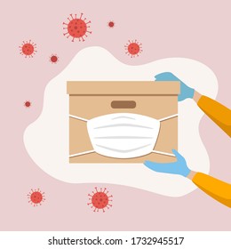 Safe delivery of products and goods during the period of coronavirus or quarantine. Vector illustration in cartoon style, creative concept, mask on the box. Package delivery in medical latex gloves.