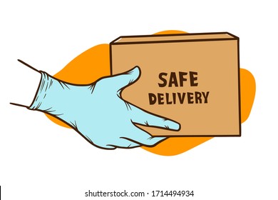 Safe delivery service concept with hands in protective medical gloves holding box for poster on express store shipping in case of COVID-19 quarantine isolation, stay home and order food online art