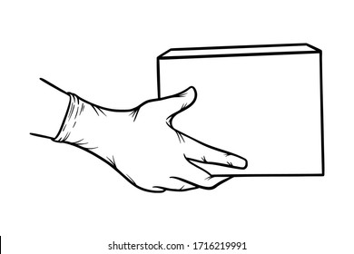 Safe delivery service concept with hands in protective medical gloves holding box for poster on express store shipping when COVID-19 quarantine isolation, stay home and order food online vector art