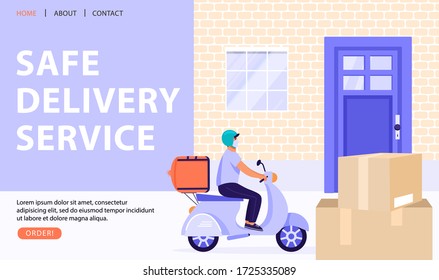 Safe delivery service concept. Man courier riding scooter with delivery box in respiratory mask. Vector web page banner illustration.