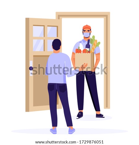 Safe delivery service concept. Man receive grocery products bag from courier. Delivery parcel to door. Online order during quarantine. Vector illustration on white background.
