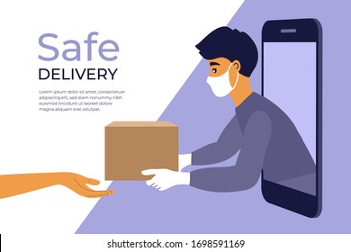 Safe delivery service concept. Stay home, order food or goods online by smart phone. Man in protective face mask and gloves gives box to customer. Coronavirus quarantine isolation. Vector illustration