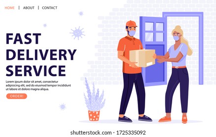 Safe delivery service concept. Woman receive package from courier. Delivery parcel to door. Online order during quarantine. Vector web page banner illustration.