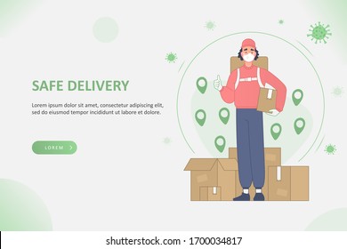 Safe delivery and delivery service during COVID-19 Coronavirus pandemic concept. Delivery man wearing respirator mask and gloves, standing and holding package in hand, vector illustration