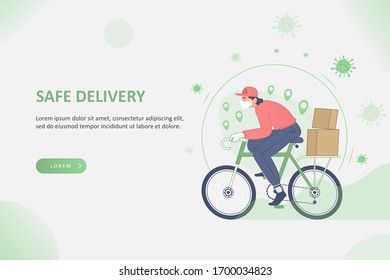 Safe delivery and delivery service during COVID-19 Coronavirus pandemic concept. Delivery man wearing respirator mask and gloves riding bicycle to deliver packages to destination, vector illustration