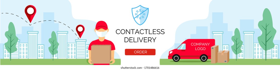 Safe delivery service. long horizontal  banner food online order. A courier in red clothes against the background of the city, brought an order to the house. Vector illustration for your business.