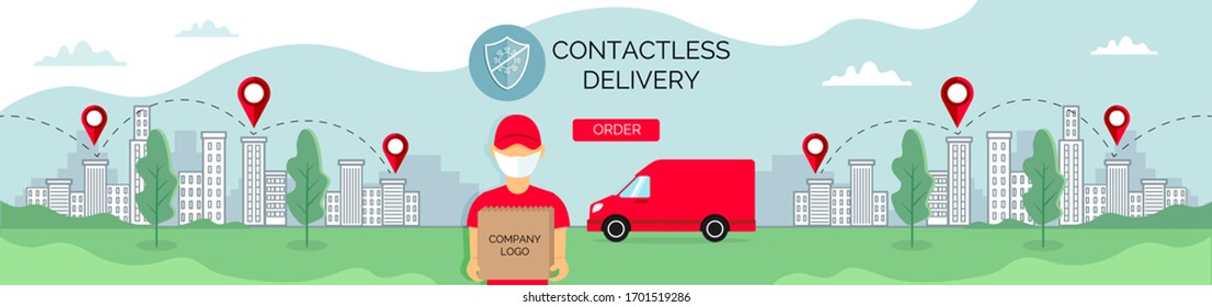 Safe delivery service. long horizontal  banner food online order. A courier in red clothes against the background of the city, brought an order to the house. Vector illustration for your business.