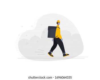 Safe delivery service man courier character wearing medical face mask and gloves street walking along the street. Coronavirus epidemic pandemic prevention quarantine people vector flat illustration.
