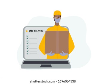 Safe delivery service man courier character wear medical face mask and gloves from laptop monitor computer. Coronavirus epidemic pandemic prevention quarantine simple flat vector illustration concept.