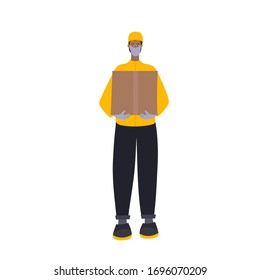 Safe delivery service man courier character wearing medical face mask and gloves. Coronavirus epidemic pandemic prevention people vector illustration. Simple flat character quarantine instruction.