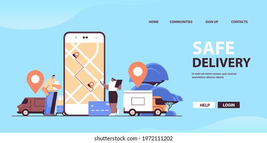 safe delivery service people using online transportation and logistic digital shopping application on smartphone screen