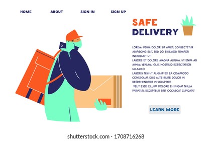 Safe delivery service website template. Courier in protective mask and gloves with delivery bag and parcel calls to customer. Contacless delivery during coronavirus quarantine. Flat vector.
