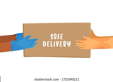 Safe delivery vector cartoon banner for Save Delivery Services and E-Commerce during covid quarantine. Hands in gloves giving a parcel, and hands receiving a package with safe delivery lettering