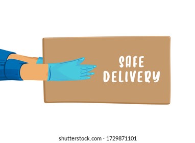 Safe delivery vector cartoon banner for Save Delivery Services and E-Commerce during covid quarantine. Hands in gloves giving a parcel with safe delivery lettering