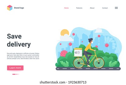 Safe delivery vector illustration. Cartoon courier cyclist in protective medical mask delivering postal box to customer by cycle during coronavirus pandemic, safety post fast service landing page