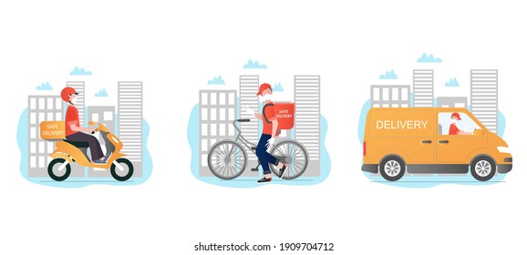 Safe delivery vector set. Safe delivery with different types of transport. Delivery men with masks and gloves. Safe, contactless food delivery home and office. 