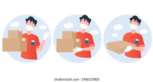 Safe delivery vector set illustration cartoon style. Flat illustration with safe delivery for banner design. Coronavirus protection. Coronavirus outbreak. Customer service. Contactless delivery.