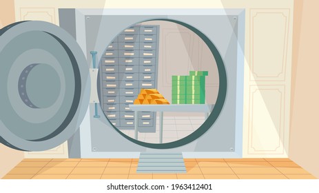 Caja fuerte en el interior del banco, banner de diseño de dibujos animados planos. Gran puerta con cerradura combinada del almacenamiento de dinero. Protección de depósitos, concepto de servicio bancario. Ilustración vectorial del fondo web