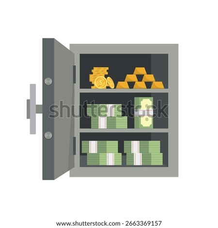 Safe deposit box. Bank deposit box. Security box. Vault storage. Locked security drawer. Money. US dollar. Gold. Cent.