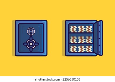 Safe Deposit Box mit geschlossener und offener Tür voll von Geld Vektor-Illustration. Objektsymbol für die Unternehmensfinanzierung Safe Deposit Konzept, Finanzsicherheits-Business Vault Box Vektordesign.