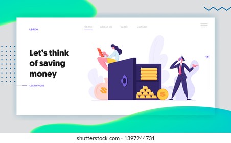 Safe Deposit Box Concept Landing Page Template with People and Money Savings. Bank Employees, Fund Investment with Characters and Earnings Website Banner. Vector flat cartoon illustration