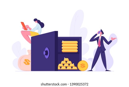 Safe Deposit Box Concept with People and Money Savings. Bank Employees, Fund Investment with Characters and Earnings. Vector flat cartoon illustration
