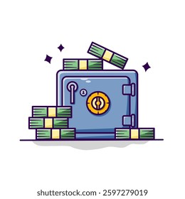Safe deposit box containing stacks of dollar bills. The concept of cash protection can be used for web icons, elements, infographics on business and finance themes. Vector illustration.