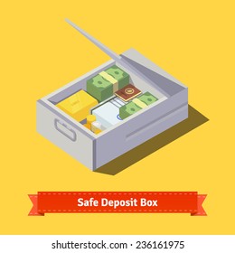 Safe deposit box full of money, gold, valuables and papers. Flat style illustration. EPS 10 vector.