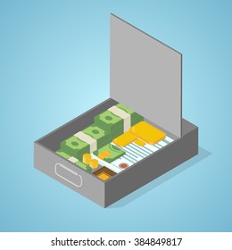 Safe Deposit Box Full Of Money, Gold, Coins, Papers, Documents. Isometric Vector Illustration. 