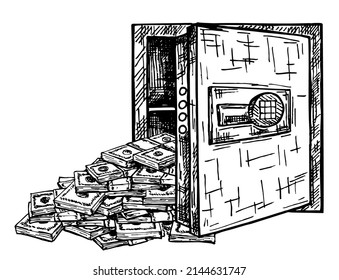 Safe deposit box full of paper money sketch vector illustration. Design of cash in vault, concept of wealth security or protection, financial safety, secure savings