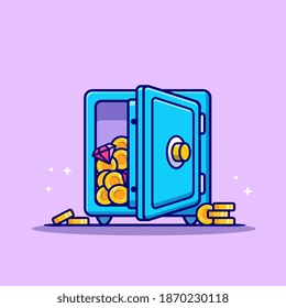 Safe Deposit Box With Gold Coin And Diamond Cartoon Vector Icon Illustration Business Finance Icon Concept Isolated Premium Vector. Flat Cartoon Style