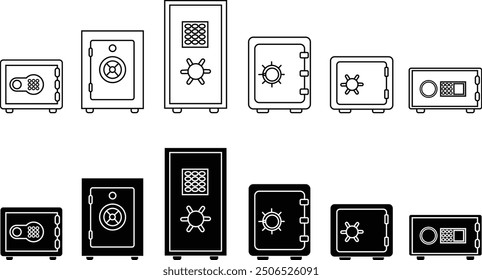 Conjunto de iconos de caja de seguridad. Cerrado y seguro de objetos que se almacenan en él, como dinero y seguridad. Vectores de bloqueo de caja fuerte Iniciar sesión plano, estilos de línea. Símbolo de Peter aislado sobre fondo transparente.