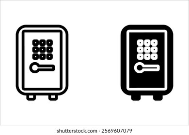 Safe Deposit Box Icons Set. Closed safe and objects that are stored in it such as money and security. Strongbox lock Vectors sign in flat, line styles. Peter