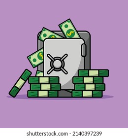 Safe Deposit Box with Money Cartoon Vector Icon Illustration. Finance Object Concept Isolated Premium Vector. Flat Cartoon Style